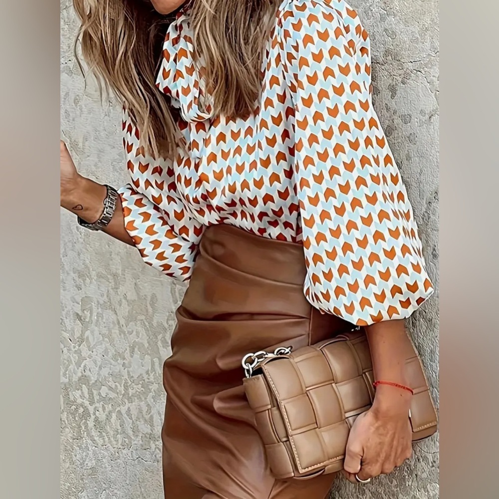 Retro Chevron Print Bow Tie Blouse – Brown & Orange Chic